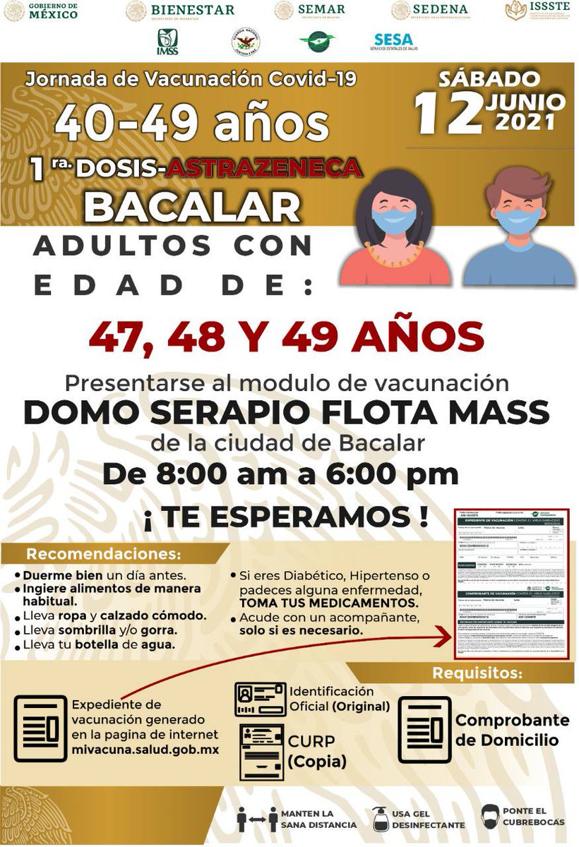 Recibimos vacunas para aplicar 1.a dosis a personas de 40 a 49 años en #Bacalar. Iniciaremos a partir del jueves 10 de junio. Comparte información oficial. #PonteVIVO <a href="/SESA_QROO/">SESA Quintana Roo</a>