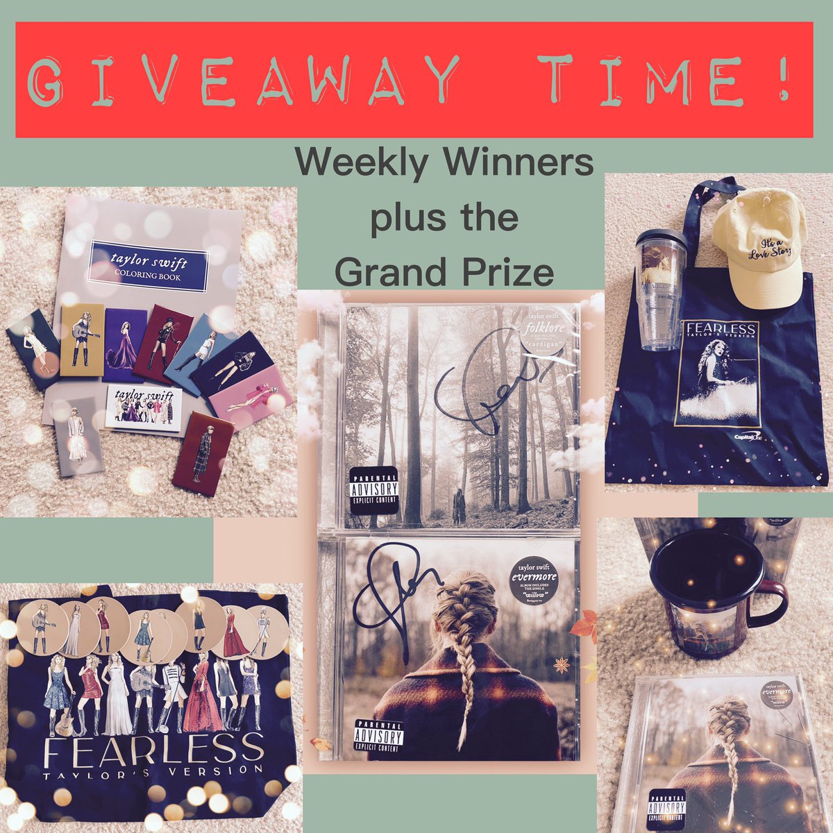 KayTay_SwiftTay's tweet image. Giveaway Time! Open internationally. See photo for the 5 total prize bundles. Winners every week! Enter by following me on Twitter and Instagram and retweeting this tweet. Link to Instagram in bio ❤️ Good Luck! 🍀 #taylorswift #giveaway #merch