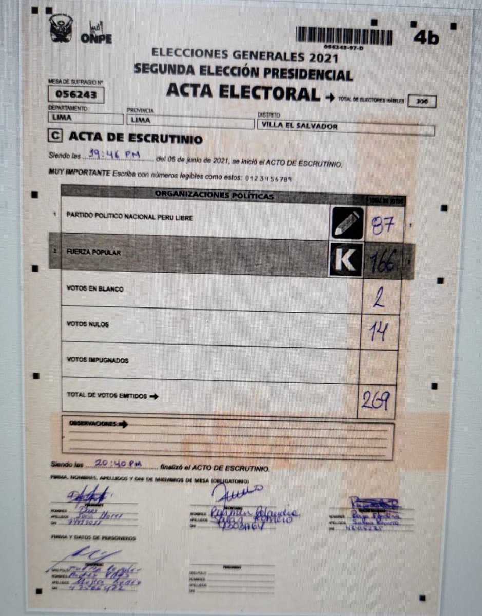 Acta firmada por un amigo mío que fue personero. Se encuentra impugnada a esta hora, ante el reclamo de la gente de <a href="/PERU_LIBRE1/">Perú Libre</a> de que es ilegible. 

Si te parece ilegible esto, tienes un serio problema de vista. 

<a href="/JNE_Peru/">JNE Perú</a> @PFuerzaPopular 

#fraudeenmesa 
#noalfraude