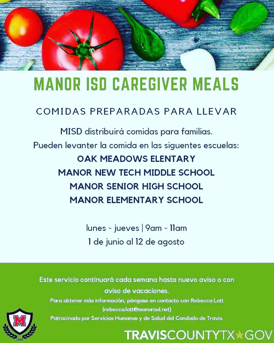 Free curbside Meals Monday-Thursday for children 18 and under and their caregivers at OME, NTMS, MEELC and 

Comidas gratuitas en la acera de lunes a jueves para niños menores de 18 años y sus cuidadores en OME, NTMS, MEELC y MSHS

<a href="/ManorISD/">Manor ISD</a> 
<a href="/ManorEELC/">Manor Elementary Early Learning Center</a> 
<a href="/OMESOwls/">Oak Meadows ES</a> 
<a href="/ManorSeniorHS/">Manor Senior High</a>