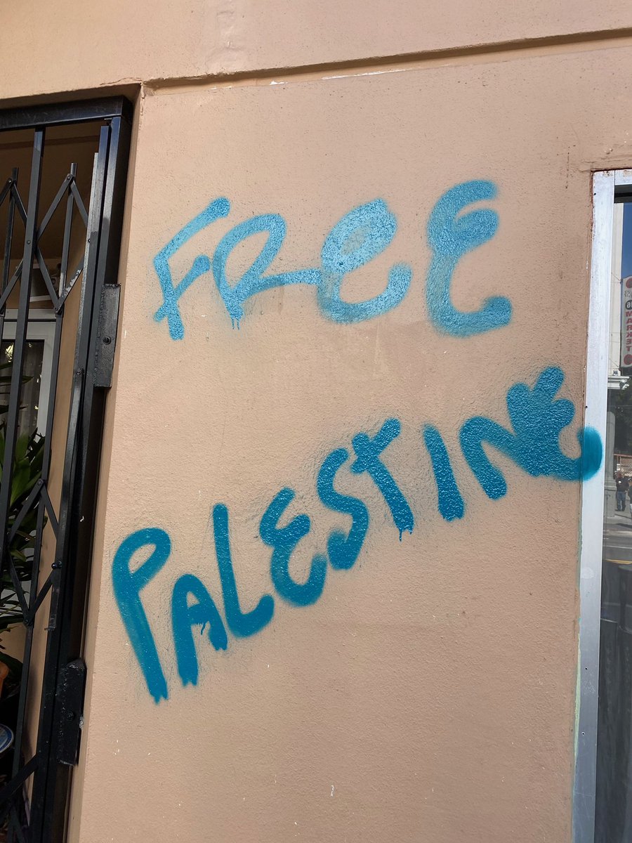 Scott_Wiener's tweet photo. Manny’s is a Jewish-owned business in the Mission. Since it opened a few years ago, it’s been targeted.

This weekend, Manny’s was vandalized with this antisemitic graffiti.

Targeting Jewish businesses is straight up antisemitic. We must speak out &amp; condemn this hate. https://t.co/s0FYfZacZk