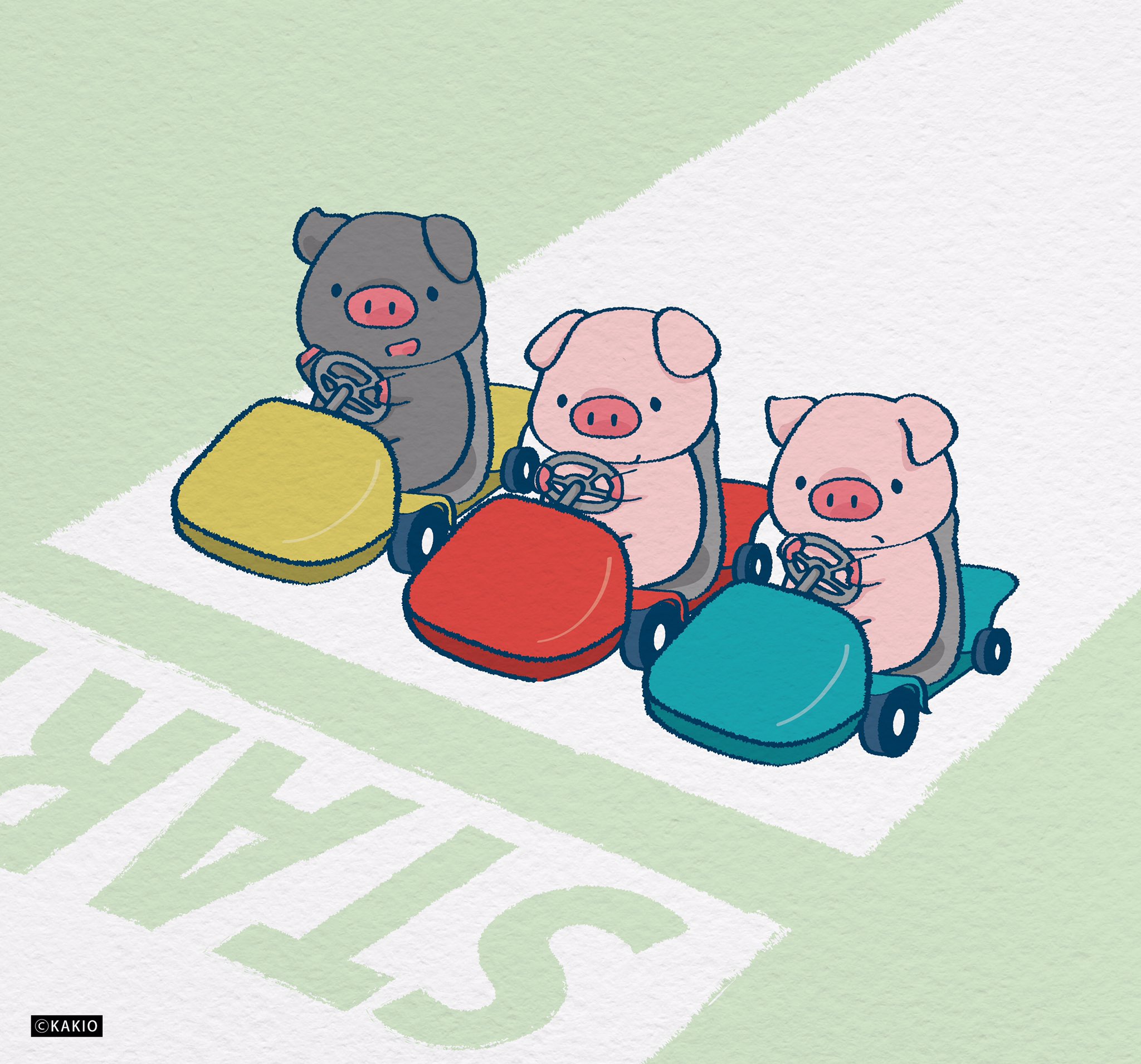 Twitter 上的 かきお Suzuriで販売中 とんとんレース イラスト イラスト好きな人と繋がりたい 絵描きさんと繋がりたい かわいいイラスト ゆるいイラスト 絵描き 落書き デザイン レース カーチェイス 車 ゴーカート 動物 ブタ ミニブタ T Co