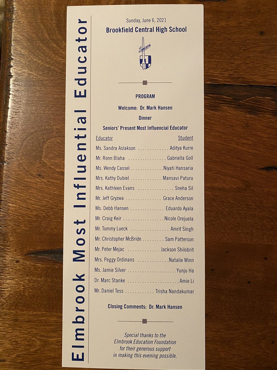 Congratulations to the teachers honored by seniors from <a href="/BCHS_SDE/">Brookfield Central HS 🇺🇸</a> as a Most Influential Educator. Thank you to the <a href="/EMBK_Ed_Fndtion/">EEF</a> for supporting this event. Tons of gratitude to all teachers who inspire students to be their very best.