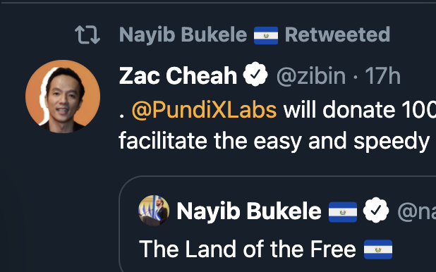 Zac_labs's tweet photo. Hey team #PundiX, we've just got presidential treatment!
The President of of El Salvador @nayibbukele just retweeted our invitation to deploy #XPOS in 🇸🇻.
This is the way 👊 https://t.co/9RRswRDSjd
