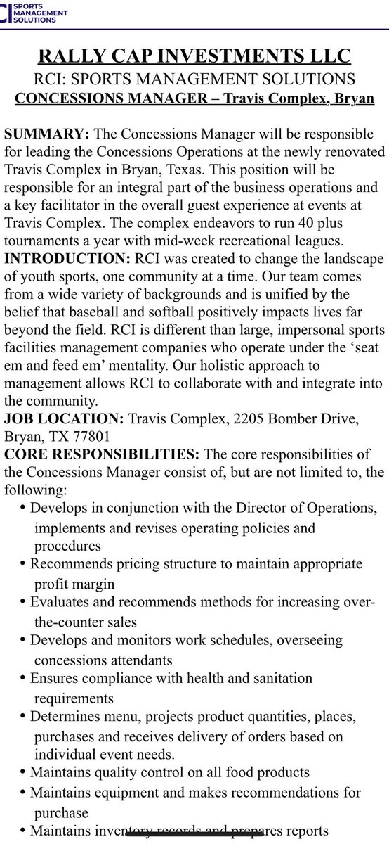 TAMU_CSL's tweet image. Job Alert! 🚨🚨 The Travis Complex in Bryan is looking for a Concessions Manger. Contact Scott Hillier. Information below 👇