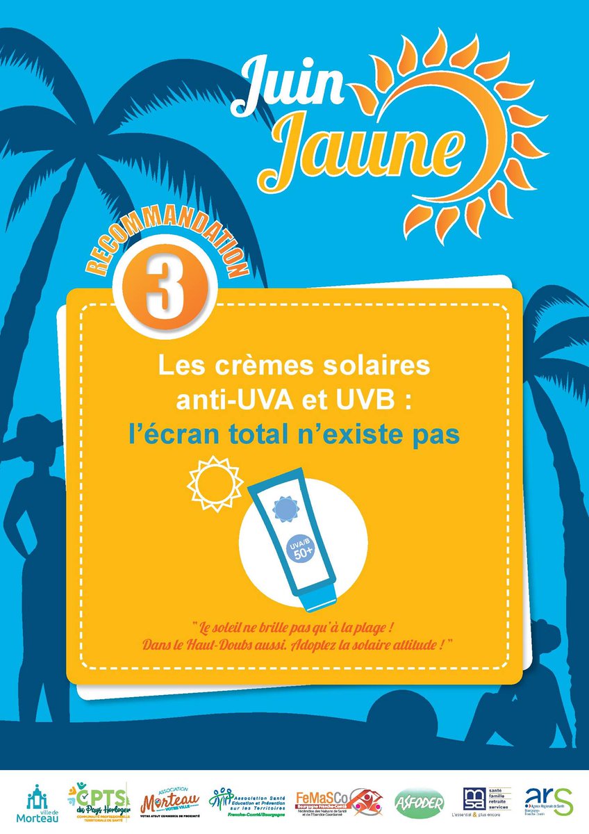 AseptFCB's tweet photo. #JuinJaune
🎁Aujourd'hui, ce ne sont pas un, pas deux mais trois conseils de #PréventionSolaire qui vous sont offerts !
Parce que se protéger du 🌞est l'affaire de toutes et tous, même dans le #HautDoubs ! 😎👒 https://t.co/5IRMOWFfDe