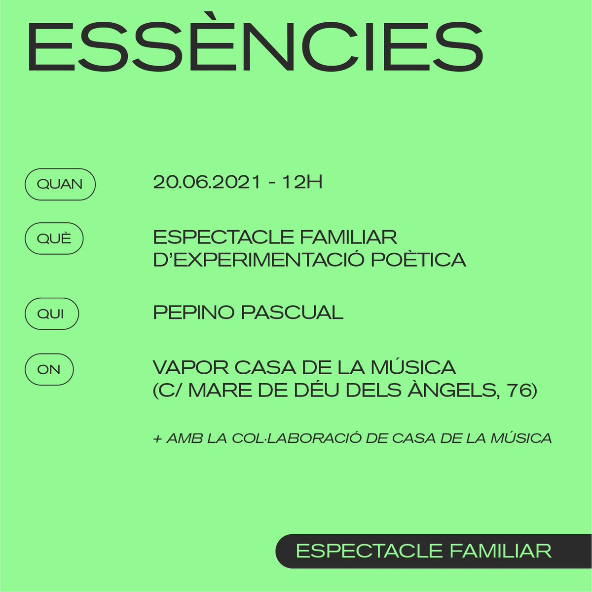 ElixirPoetic's tweet photo. DIUMENGE 20/06
ESSÈNCIES (12h - Vapor Casa de la Música) @casamusicaTrs @pepinopascual 
INTEMPÈRIE (19h -  Vapor Casa de la Música) @casamusicaTrs @annafdz8 #JudithConH @nunugarciaduran
📍 Terrassa: 15/06-20/06
🎟️ ➡️  https://t.co/BViiHPmi0O
💻: @bakoom_studio https://t.co/PmfhISnnpY