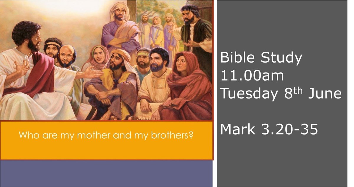 Tues 8th June
We are back! 
Join us today at 11.00am on Facebook for our Bible Study Session looking at Mark 3.20-35. This will be followed by a Zoom discussion at 11.35am. If you would like an invitation for the Zoom discussion then email Jon on revjonormrod@yahoo.co.uk. 

Jon