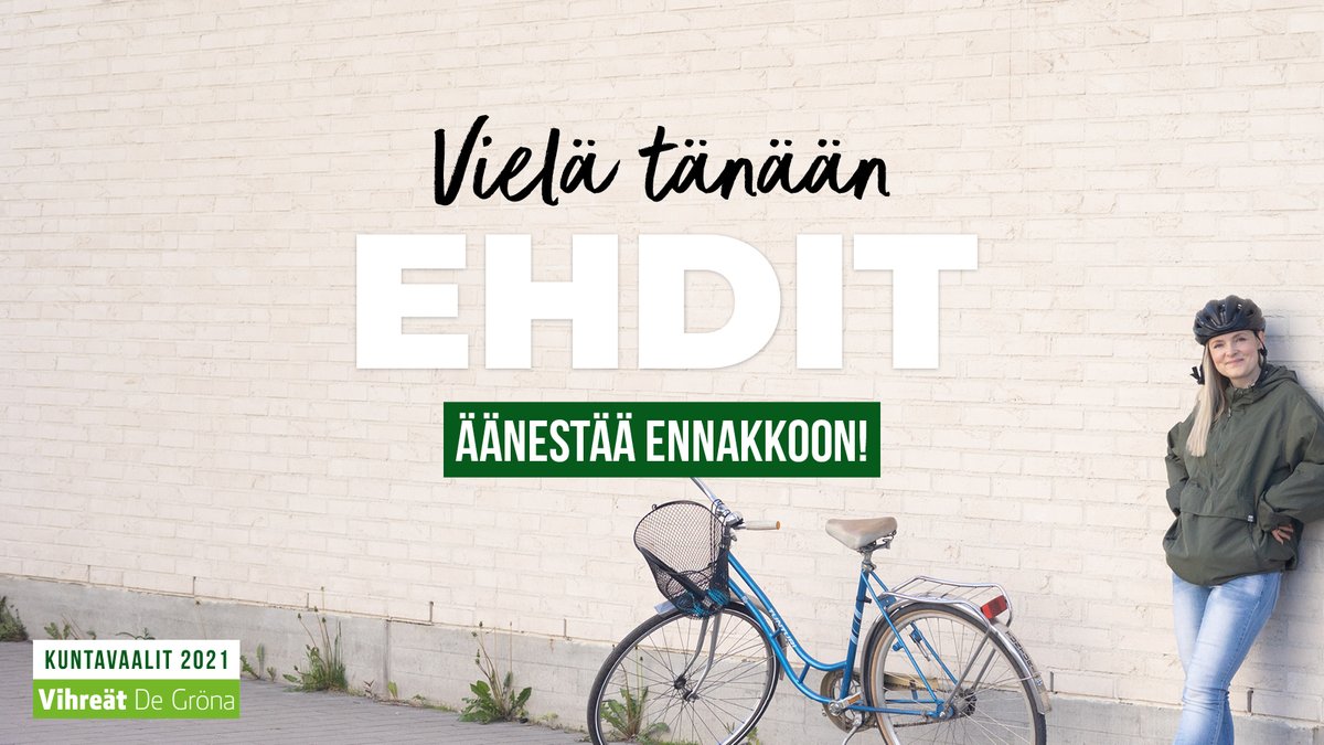 Vielä TÄNÄÄN ehdit äänestää ennakkoon! 

Käy äänestämässä, se on helppoa, nopeaa ja tärkeää! Mukaan tarvitset vain henkilöllisyystodistuksen ja maskin.

Huomenna Suomi on Vihreä! 💚

Löydä ehdokkaasi: vihreat.fi/ehdokkaat