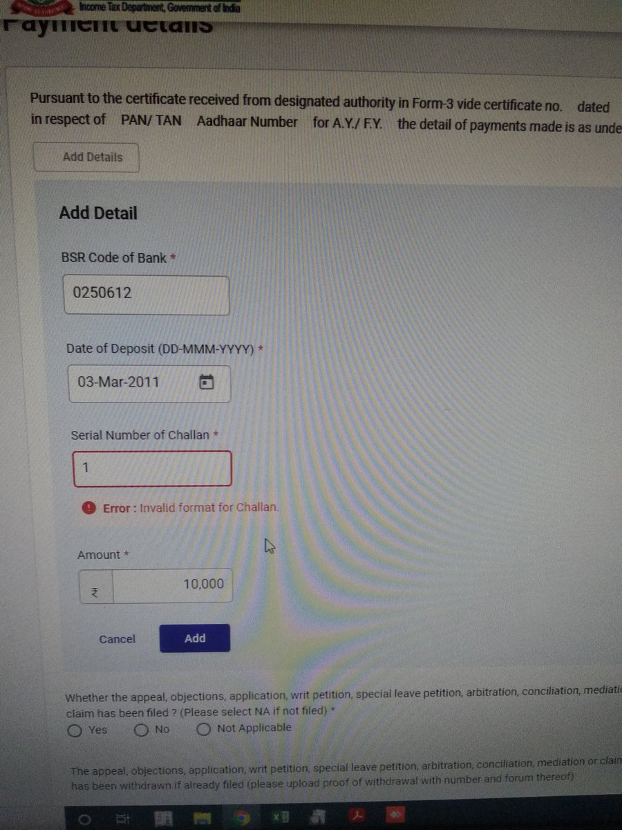 PrakashMali04's tweet photo. @IncomeTaxIndia I am filling Form 4 on the New website but there is a BUG detected. The website is not accepting challan No 00001, It replacing it to  1 and showing Error . Although It accept if entered 10000. kindly solve the issue https://t.co/Gpw2AJVTHC