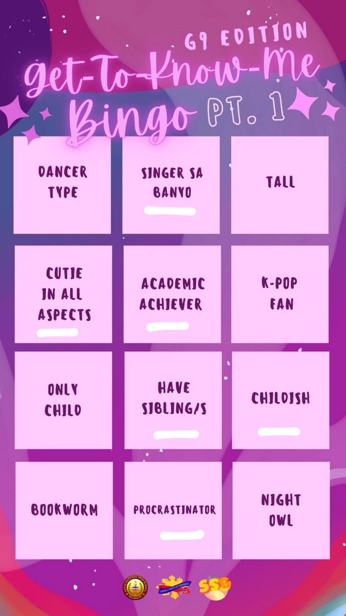 villaluz_rhijim's tweet photo. Get-to-Know Me Bingo!
here’s mine🤍!
#iConnect2021
#LNHSFOUNDATIONDAYS
#transcendbeyodboarders
#snapchaticonics
#abanteSYETE
@lnhs_ssgtweets https://t.co/5HMxmPfeOb