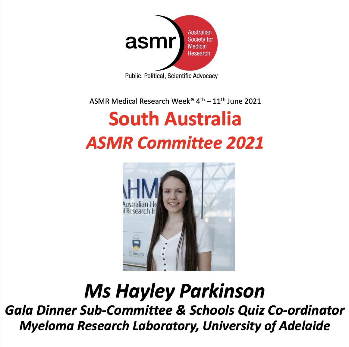 The Australian Society for Medical Research (ASMR) (@theasmr1) on Twitter photo ๐ฉโ๐ฌ๐ฉธ Ms Hayley Parkinson is a PhD candidate at <a href="/UniofAdelaide/">Uni of Adelaide</a> within the <a href="/MyelomaAdelaide/">Myeloma Research Laboratory Adelaide</a> Research Lab. <a href="/hb_parkinson/">Hayley</a> is currently working on identifying & understanding the genes and mechanisms involved in the dissemination of myeloma, in the hope of discovering new treatments. ๐ฉโ๐ฌ๐ฉธ Ms Hayley Parkinson is a PhD candidate at <a href="/UniofAdelaide/">Uni of Adelaide</a> within the <a href="/MyelomaAdelaide/">Myeloma Research Laboratory Adelaide</a> Research Lab. <a href="/hb_parkinson/">Hayley</a> is currently working on identifying & understanding the genes and mechanisms involved in the dissemination of myeloma, in the hope of discovering new treatments.