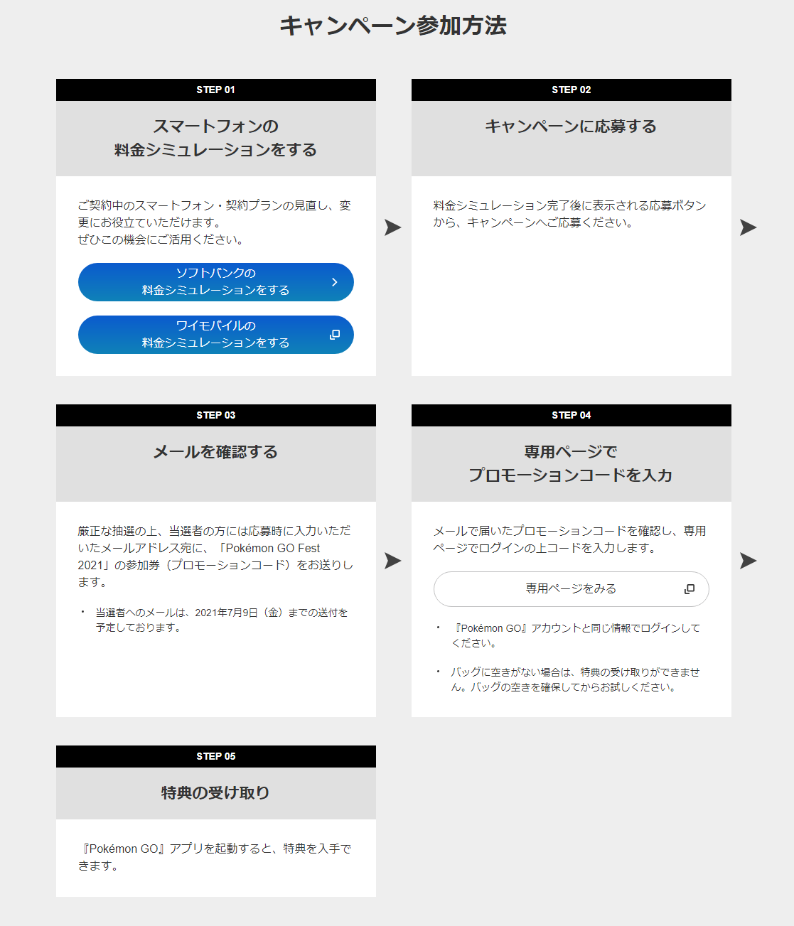 ポケモンgo攻略情報 ポケマピ ソフトバンクが Go Fest の参加券プレゼントキャンペーンを実施 6 8 火 朝10時 6 27 日 23時59分 キャンペーンページ経由でソフトバンクorワイモバイルの料金シミュレーションをして応募 参加券プレゼント 抽選