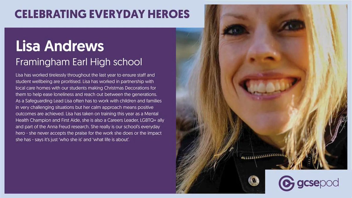 EVERYDAY HERO VOTING NOW OPEN!
Vote for our everyday hero Mrs Andrews at gcsepod.com/jaz-ampaw-farr…
Read all about @FEHS_PSHE and give her your vote!
<a href="/jazampawfarr/">Dr Jaz Ampaw-Farr</a>