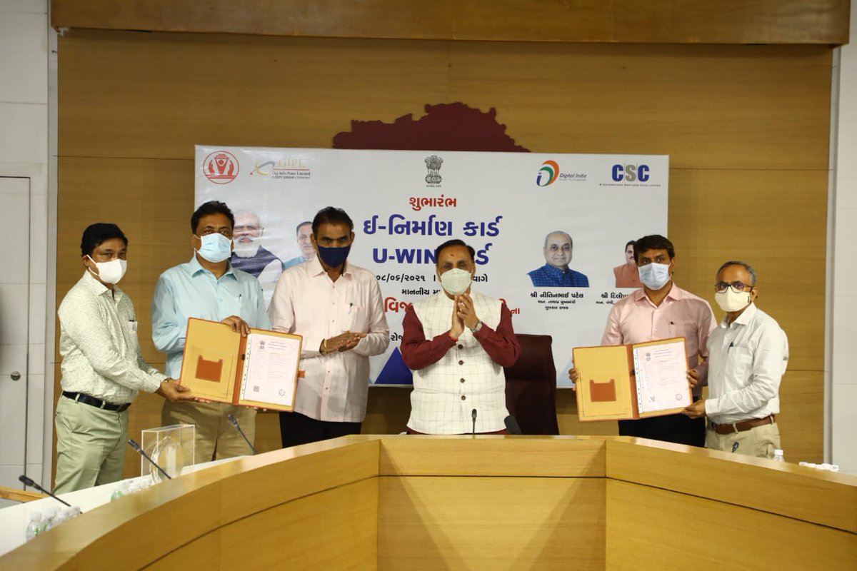 CMOGuj's tweet photo. CM Shri @vijayrupanibjp launched e-Nirman portal &amp; mobile app for online registration of unorganized sector/construction workers with an aim of maximum registration and coverage even at rural level to provide benefits of welfare schemes like U-WIN, MA Card, Shramik Annapurna, etc https://t.co/ezwEy3b4qR