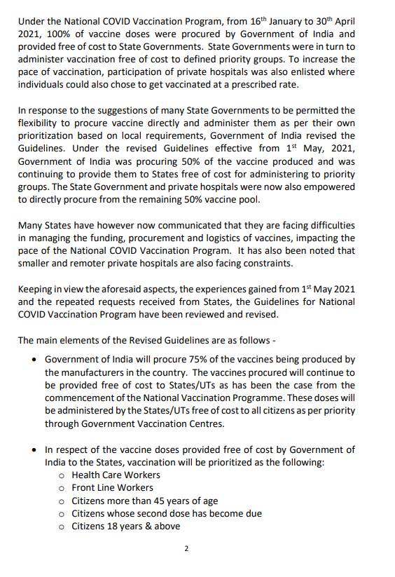 ANI's tweet photo. Govt of India releases revised guidelines for national COVID vaccination program, to be implemented from June 21

"Vaccine doses to be allocated to States/UTs based on population, disease burden &amp; vaccination' progress. Wastage will affect allocation negatively," guidelines say https://t.co/rUsm0MZmwN