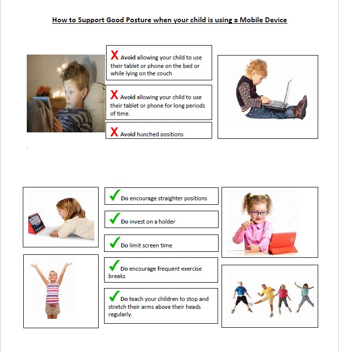 Increasingly we are using more and more technology to enhance our lives. Making good posture a habit when using devices can help prevent neck or back pain from developing. See below for strategies to try and check our Facebook Page for more information on this topic.