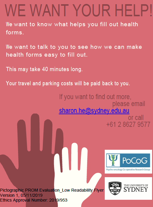 POCOG1's tweet image. We are seeking Australian cancer survivor volunteers for interview study on pictorial version of a health form. To find out more visit: redcap.sydney.edu.au/surveys/?s=THF… 
#PROMS #cancer #CALD #HealthLiteracy #ESASR #Symptoms #SuppOnc #PsyOnc #GeriOnc