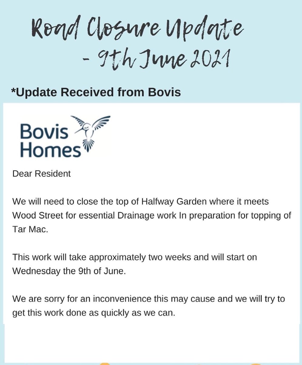 Patchway_ReACH's tweet photo. FAO Residents of Halfway Garden / Wood Street.

*Update Received from Bovis today;

-------
Dear Resident

We will need to close the top of Halfway Garden where it meets Wood Street for essential Drainage work In preparation for topping of TarMac. https://t.co/aKqQzDRcvt