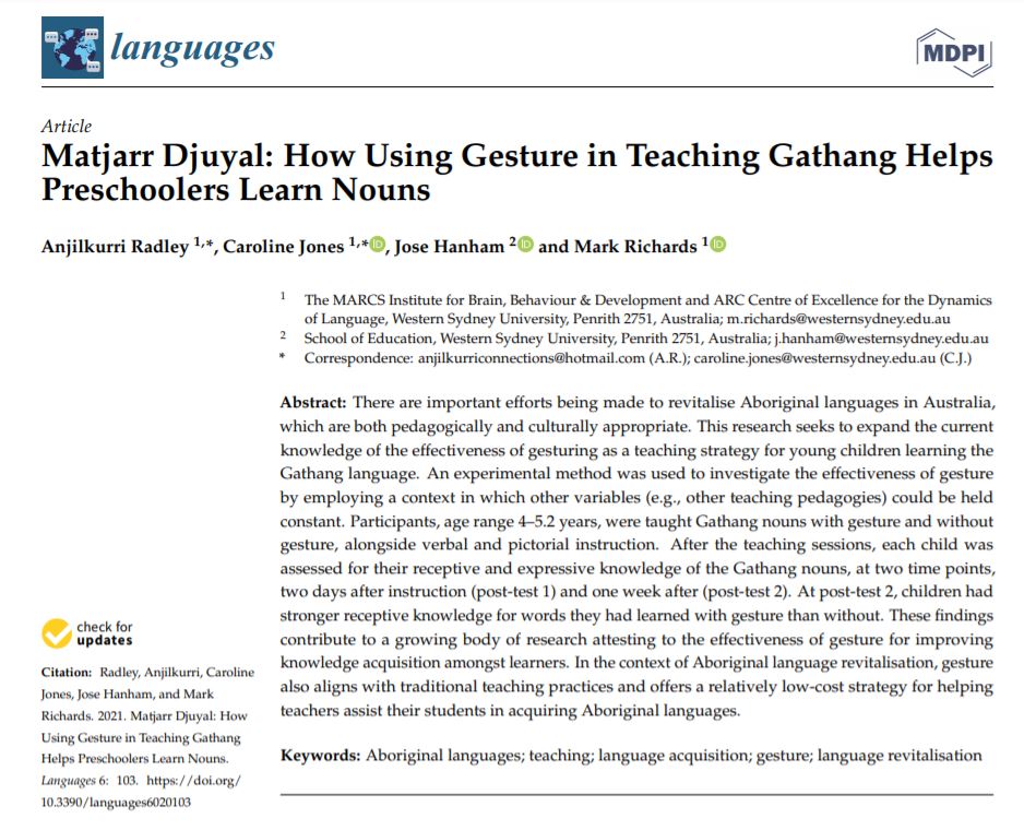 Languages_MDPI's tweet image. Read &apos;&apos;Matjarr Djuyal: How Using Gesture in Teaching #Gathang Helps Preschoolers Learn Nouns&apos;&apos; at mdpi.com/2226-471X/6/2/… to discover the importance of traditional teaching practices, and how #languagerevitalisation constitutes an approach to decolonisation.