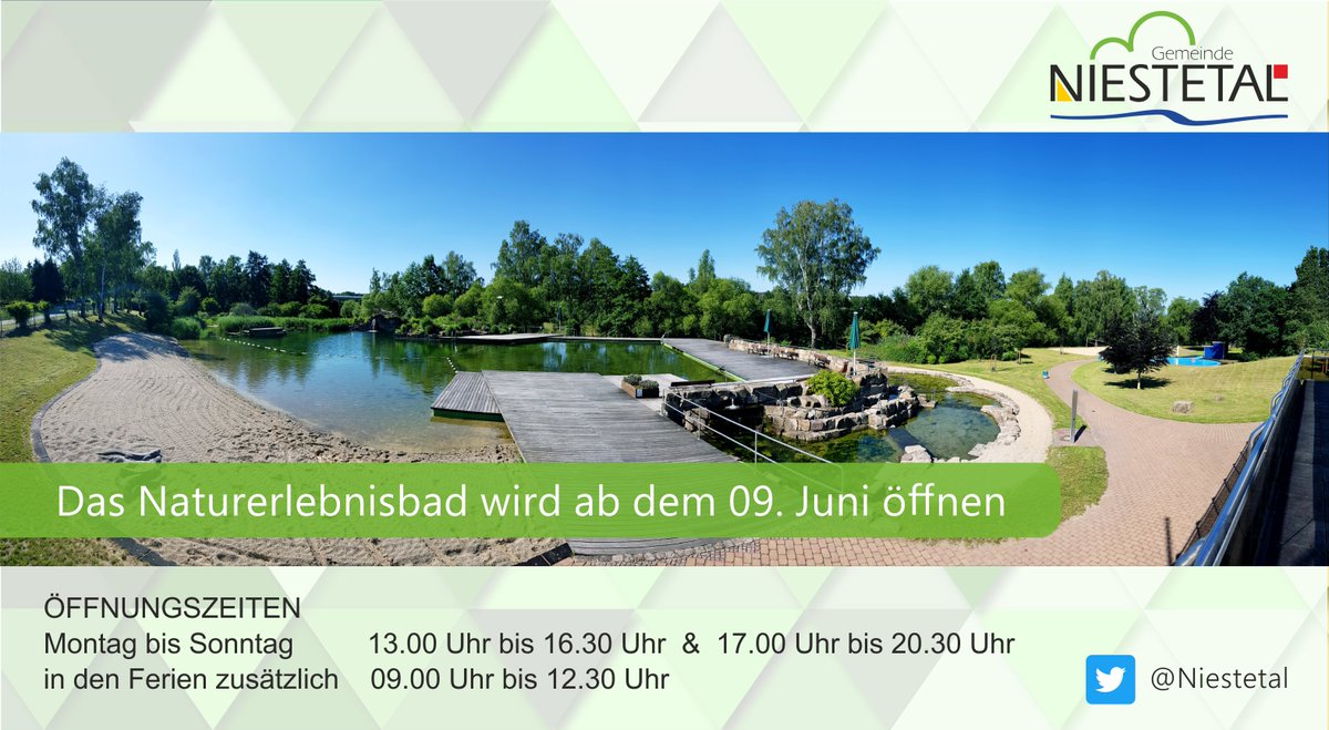 Das #Naturerlebnisbad #Niestetal hat ab Mittwoch, den 09. Juni 2021 geöffnet! 

Einfach auf niestetal.de gehen, über unsere Richtlinien &amp; Preise informieren und über das Anmeldeportal Tickets reservieren.
Wir wünschen allen einen schönen Sommer!