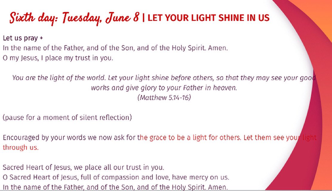 The Sixth Day of the Novena : LET YOUR LIGHT SHINE IN US