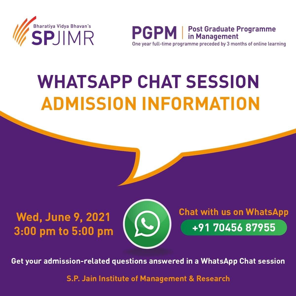 PGPM_SPJIMR's tweet photo. Accelerate your career by applying to PGPM @SPJIMR 

Resolve your admission related questions in a WhatsApp Chat session on Wed, June 9, 3 p.m.- 5 p.m.

Register here: https://t.co/stj4hvQCMn
.
#SPJIMR #PGPM #oneyearmba #mbaadmissions #whatsappsession #admissioninfo https://t.co/P7gNT1nB5c