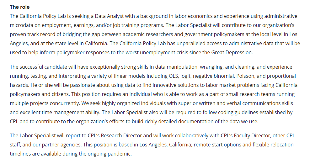 Till von Wachter (@tillvonwachter) on Twitter photo *Hiring Alert* We (<a href="/CAPolicyLab/">California Policy Lab</a>'s UCLA team) are hiring a Data Analyst w/ a background in labor economics. The analyst will work with me + our team to study the labor market by leveraging CPL's access to multiple sources of administrative data
capolicylab.org/careers/data-a… #EconTwitter *Hiring Alert* We (<a href="/CAPolicyLab/">California Policy Lab</a>'s UCLA team) are hiring a Data Analyst w/ a background in labor economics. The analyst will work with me + our team to study the labor market by leveraging CPL's access to multiple sources of administrative data
capolicylab.org/careers/data-a… #EconTwitter
