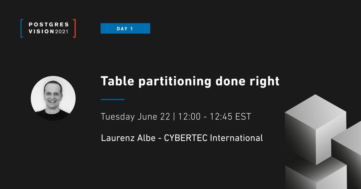 Amit15224760's tweet photo. Listen to Laurenz Albe from @PostgresSupport speak about table #partitioning done right at #PostgresVision2021. Register now for FREE: https://t.co/Bw6gjeEi41

#OpenSource #Databases #RDBMS #RelationalDatabases #PostgreSQL #TablePartitioning https://t.co/tzLIOdL5Y8