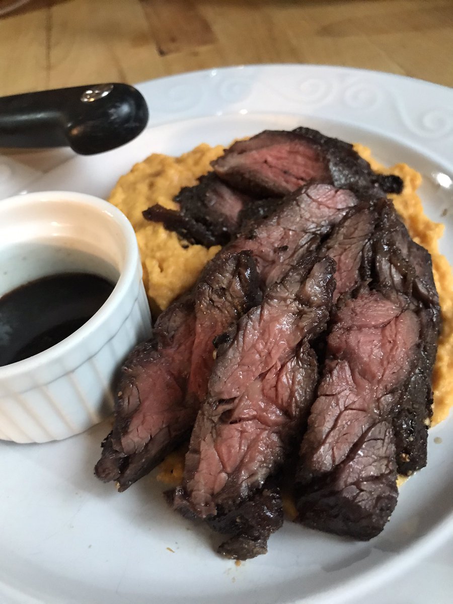 therealgodcloud's tweet photo. #proofofsteak 
Molasses and soy sauce marinated Hanger steak. Seasoned with garlic and black pepper. Served with ginger sweet potato purée. #REPOSTFROMIG https://t.co/GCP3SlUMQJ
