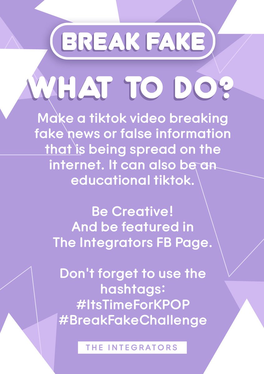 CCSHS_CIC's tweet photo. BREAK FAKE TIKTOK CHALLENGE
Create a TikTok that debunks fake news or an educational one. Be creative!
Don't forget to use the hashtags:
#ItsTimeForKPOP
#BreakFakeChallenge https://t.co/cFFBvmYhKa