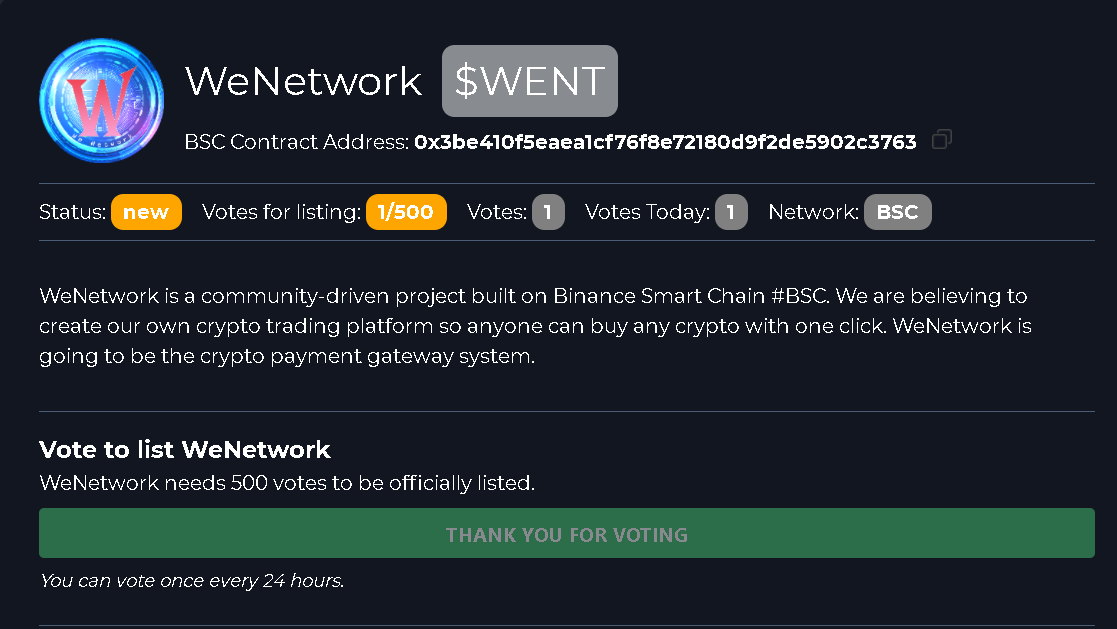 WeNetwork_WeNT's tweet photo. 🔥🔥 $30 WeNT tokens (1 Winner)

✅Go and Upvote (https://t.co/5eq60f0eVh)
✅RT this &amp; tag 3 Friends

+ post Proof 

#WeNetwork #WeNT #WeCrypto #WeFamily https://t.co/pvi3XuqNar