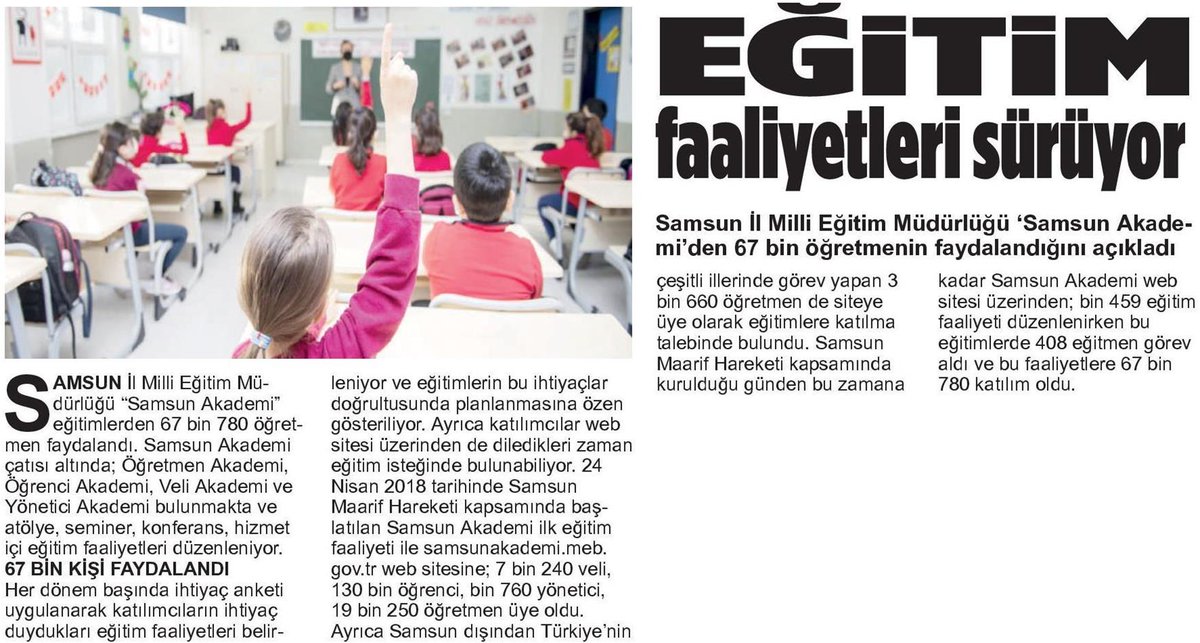 samsunmem's tweet photo. Samsun Akademi'den öğretmen ve okul yöneticilerinin mesleki gelişimlerine büyük katkı. Eğitimlerden 67 bin yönetici ve öğretmenimiz faydalandı. #SamsunAkademi https://t.co/bc0b6fce3k