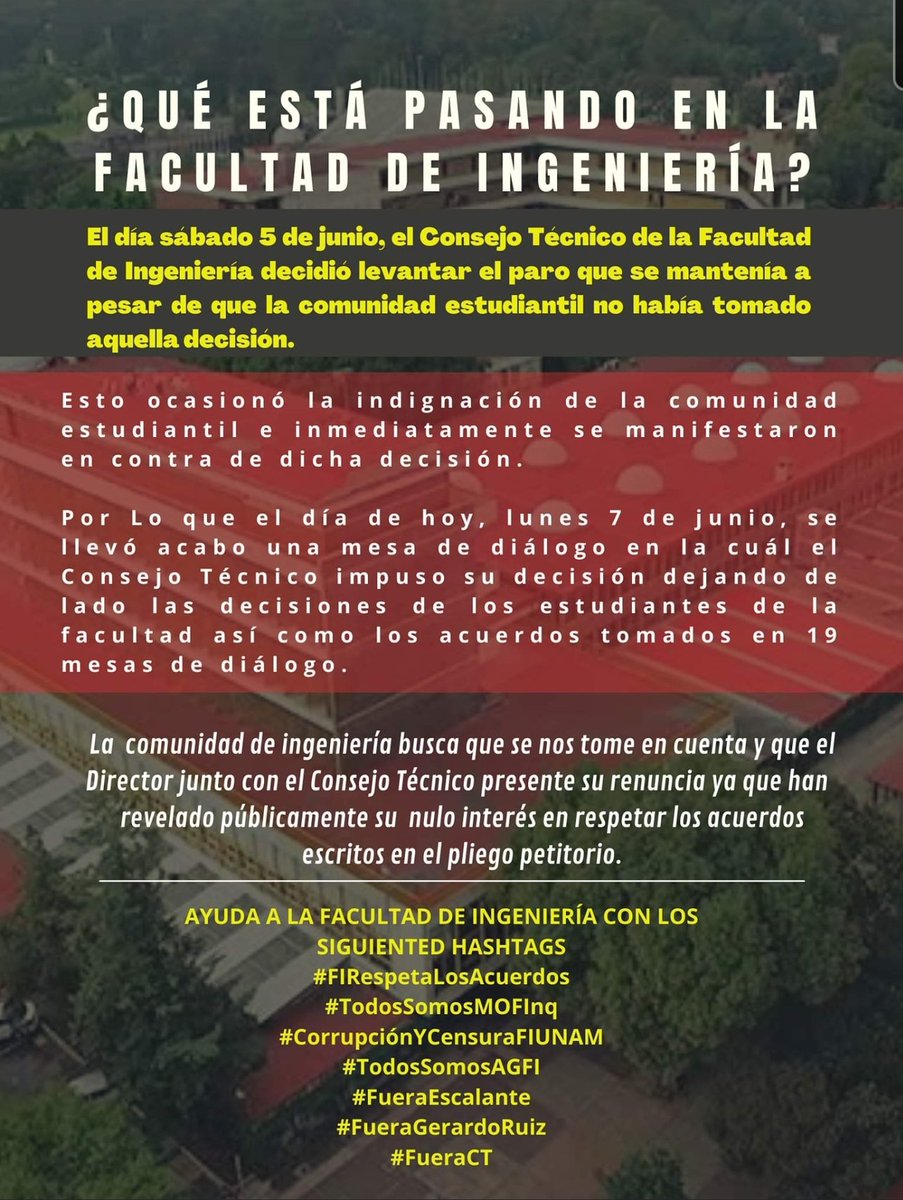francisco98_car's tweet photo. #FIRespetaLosAcuerdos
#InsultasAUnaInsultasATodas
#TodosSomosMOFIn
#CorrupciónYCensuraFIUNAM
#TodosSomosAGFI
#FueraEscalante
#FueraGerardoRuiz
#FueraCT
@FIUNAM_MX
#IngenieriaEnPieDeLucha
#LaUNAMNoPaga
#QueElCTSeDeDeBaja
#EscalanteDateDeBaja https://t.co/lIhOzEuTLl