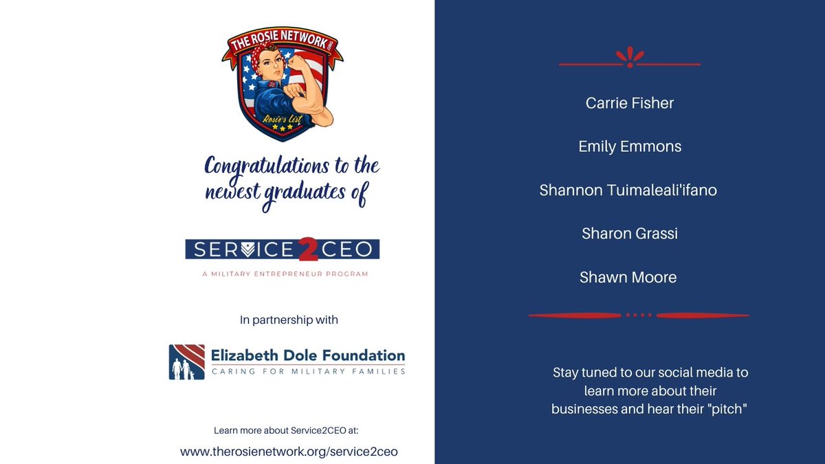 Rosie_Network's tweet photo. The Rosie Network and the 
@Elizabeth
 Dole Foundation would like to congratulate the newest GRADUATES of the Service2CEO Caregivers Chapter. 

#service2ceo
#militaryentrepreneur 
#Caregivers https://t.co/rkNE530aAw