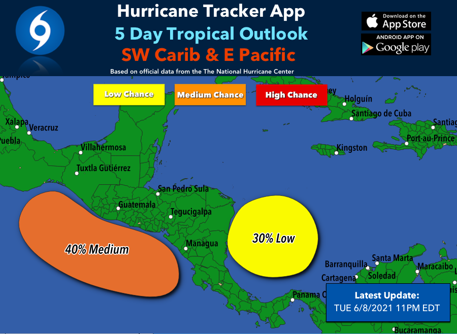 hurrtrackerapp's tweet photo. With a Central American gyre lurking, development will be possible in the Eastern Pacific/Gulf/West Caribbean regions. Uncertainty is high and any development will be sloooowwww with this type of setup. Regardless, lots of rain for Central America and SE Mexico. #tropics https://t.co/n11xfUaDW9