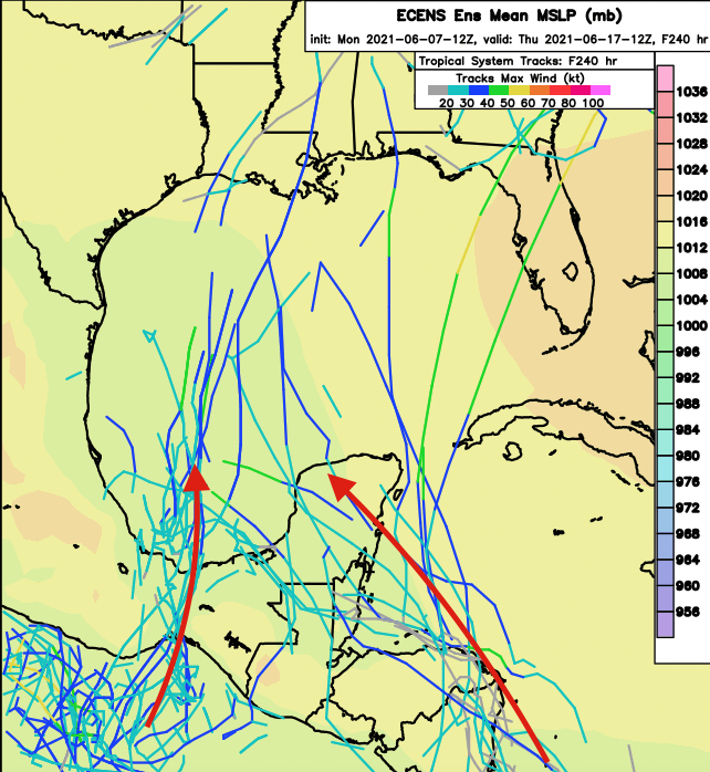 hurrtrackerapp's tweet photo. With a Central American gyre lurking, development will be possible in the Eastern Pacific/Gulf/West Caribbean regions. Uncertainty is high and any development will be sloooowwww with this type of setup. Regardless, lots of rain for Central America and SE Mexico. #tropics https://t.co/n11xfUaDW9