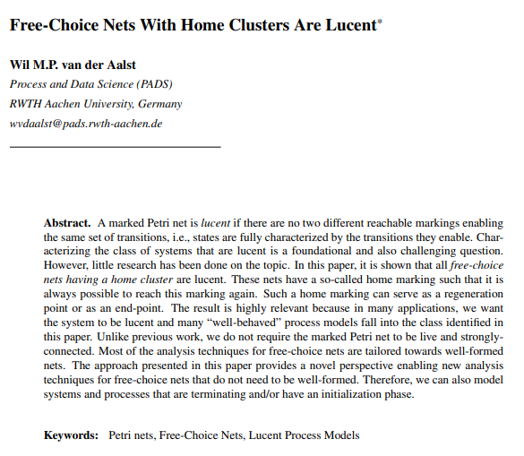 wvdaalst's tweet photo. New paper (accepted for FI) with surprising new results for free-choice nets, e.g., free-choice nets with home clusters are lucent even when they are not well-formed! More general and without using the standard #PetriNet machinery, see https://t.co/L7NcrUvFcA. #weekendprojects https://t.co/1bUnJMzYoB
