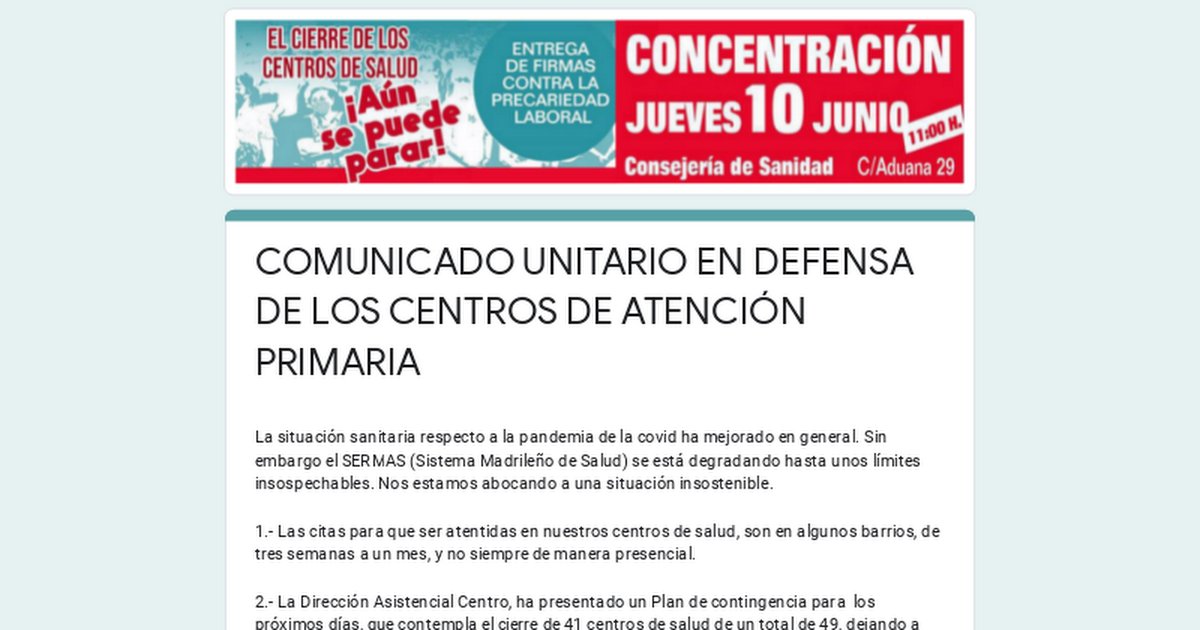 COMUNICADO UNITARIO EN DEFENSA DE LOS CENTROS DE ATENCIÓN PRIMARIA docs.google.com/forms/d/e/1FAI…