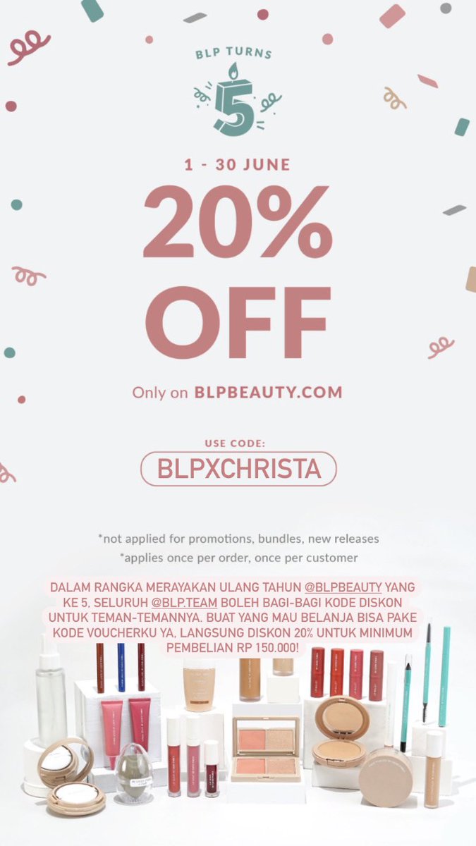 5 tahun pertama adalah tahun-tahun yang crucial untuk sebuah startup. Nah, bulan Juni ini <a href="/blpbeauty/">BLP Beauty</a> akan ulang tahun yg ke 5! 🥳 To celebrate this milestone, aku punya kode voucher yg bs langsung dipake di website. Boleh dipake siapa aja &amp; boleh disebarluaskan ya. Enjoy!