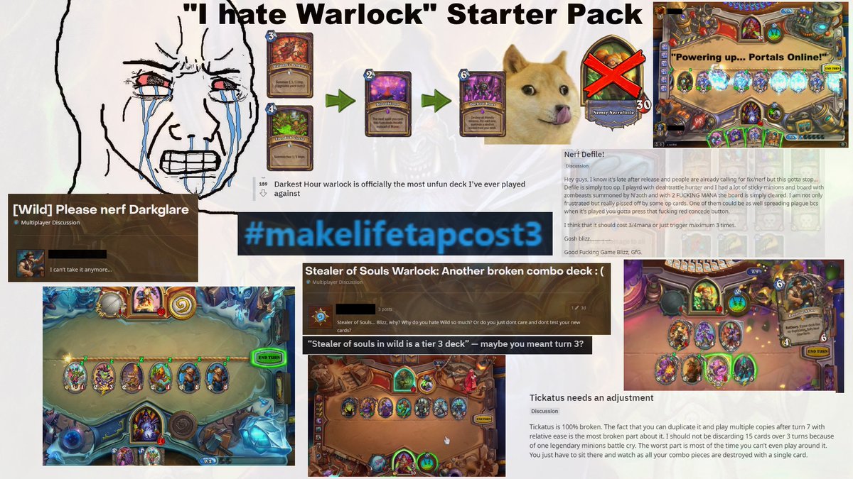 nhlnjfan1_hs's tweet photo. Warlock makes Hearthstone a worse game and this is after a rework. It has everything that makes Hearthstone worse, infinite mana cheat, obnoxious board clears, ridiculous card draw, and can destroy your cards with no counterplay. I'm not joking anymore, DELETE Warlock! https://t.co/W8j8SObqhC