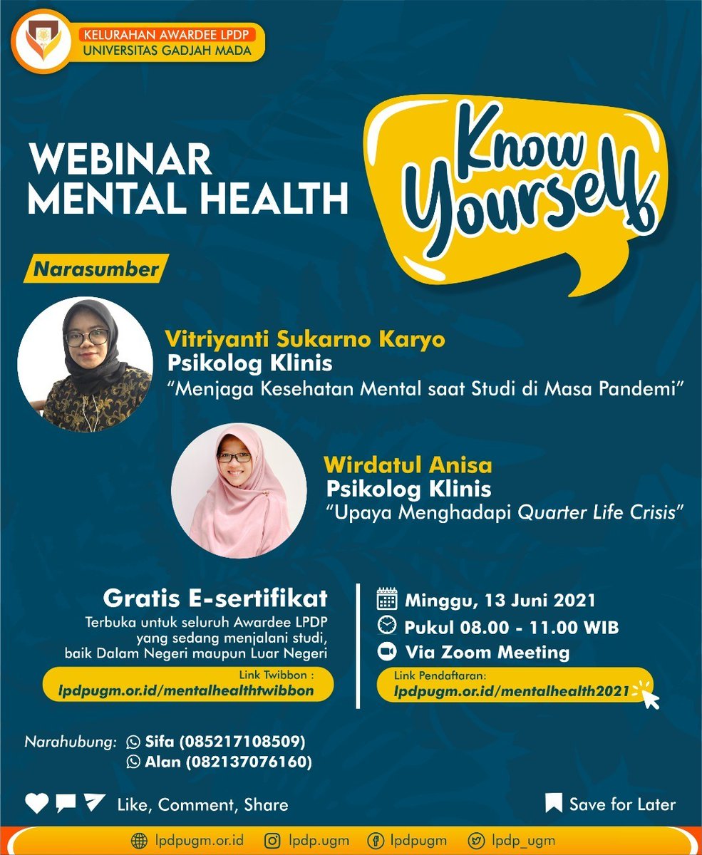 lpdp_ugm's tweet photo. Halo teman-teman dimanapun berada 😉
Kami mengundang teman-teman awardee LPDP(DN/LN) untuk hadir dalam Webinar Mental Health😊✨️

Banyak ilmu bermanfaat yang menanti dan gratis E-Sertifikat..

Yuuk buruan daftar 😉🌼
@LPDP_RI

#lpdp
#lpdpugm
#ugmyogyakarta
#lpdpugmpeduli https://t.co/ceifzuRiK4