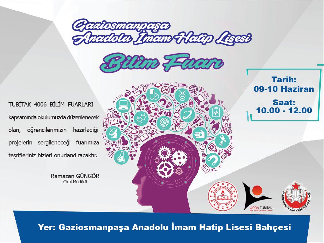 Okulumuz öğrencileri ve öğretmenlerinin rehberliğinde  9/10 Haziran tarihlerinde sergilenecek olan TÜBİTAK 4006 Bilim fuarımıza hepinizi bekleriz. Açılış 9 Haziran saat 10 :00 da gerçekleştirilecektir