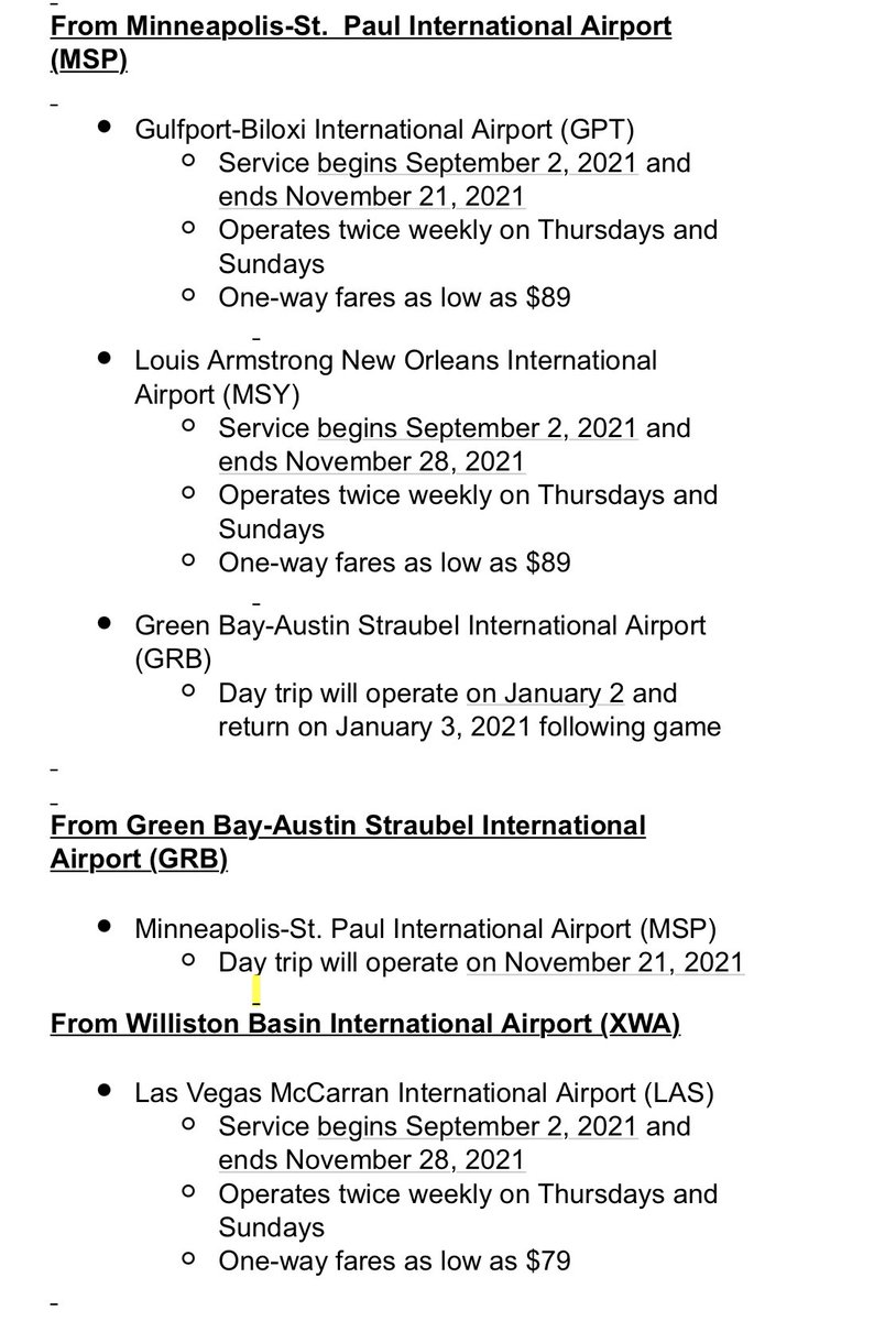 kpottermn's tweet photo. Some creative new routes from @SunCountryAir, including:

-Two day trip flights between Minneapolis (MSP) and Green Bay (GRB) for Vikings-Packers games
-Flights from Williston (XWA) in North Dakota oil country down to Las Vegas (LAS) on Thursdays and Sundays. https://t.co/jyVeZJRJ90