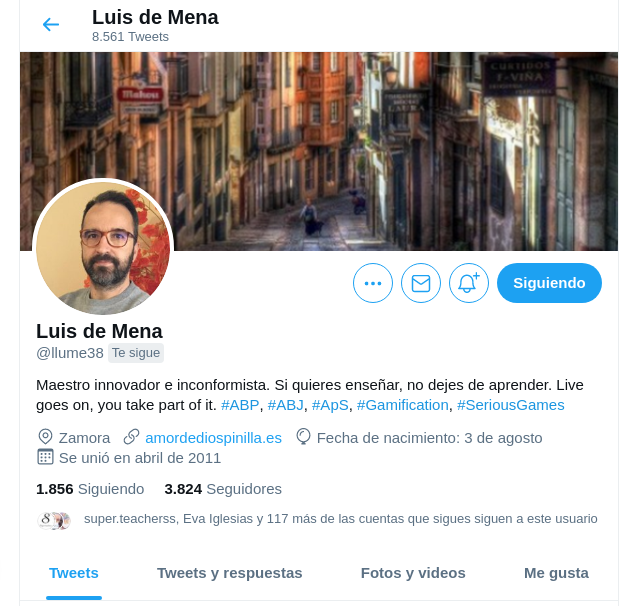 Hoy os recomendamos otra cuenta interesante en Twitter.

Hoy es <a href="/llume38/">Luis de Mena</a> , para los que os interesa la gamificación.

#FelizViernes