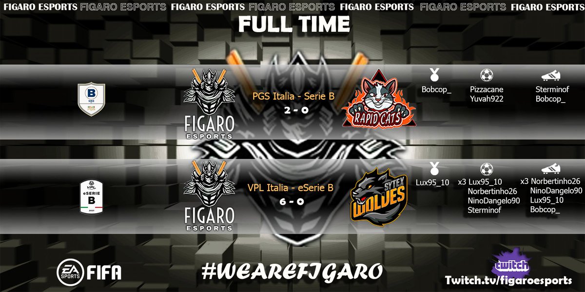 ⚽️ Full Time⚽️

🏆| <a href="/PGS_ITALY/">PGS ITALY</a>   
🆚| <a href="/RapidCatsPClub/">RAPID CATS</a> ✅

🏆| <a href="/VPLItaly/">VPL Italy 🇮🇹</a> 
🆚| <a href="/Sytex_Wolves/">🐺 SYTEX WOLVES 🐺</a> ✅

🎥| Twitch.tv/figaroesports

#WeAreFigaro ⚫️🟠⚪️