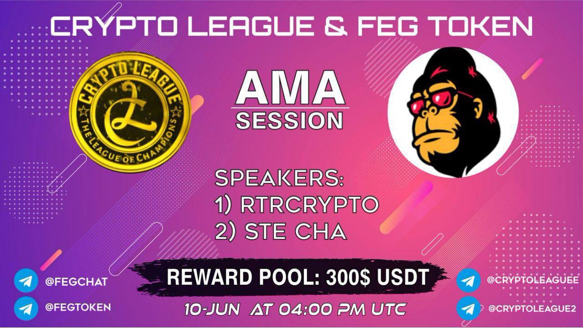 FEGtoken's tweet photo. FEG FAM DONT MISS THE NEXT LIVE AMA WE PRESENT TO YOU WITH CRYPTO LEAGUE

Speakers: @RTRcrypto and @SteCha08013648 

We have lots to share with all crypto communities out there about our groundbreaking products &amp; amazing community of gorillas

🦍 FEED EVERY GORILLA 🦍 https://t.co/Ae4U4F8ftC