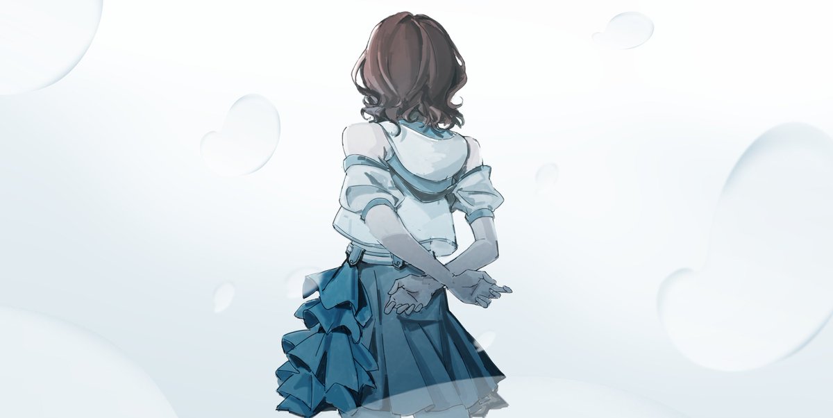 1girl solo skirt from behind brown hair shirt arms behind back  illustration images