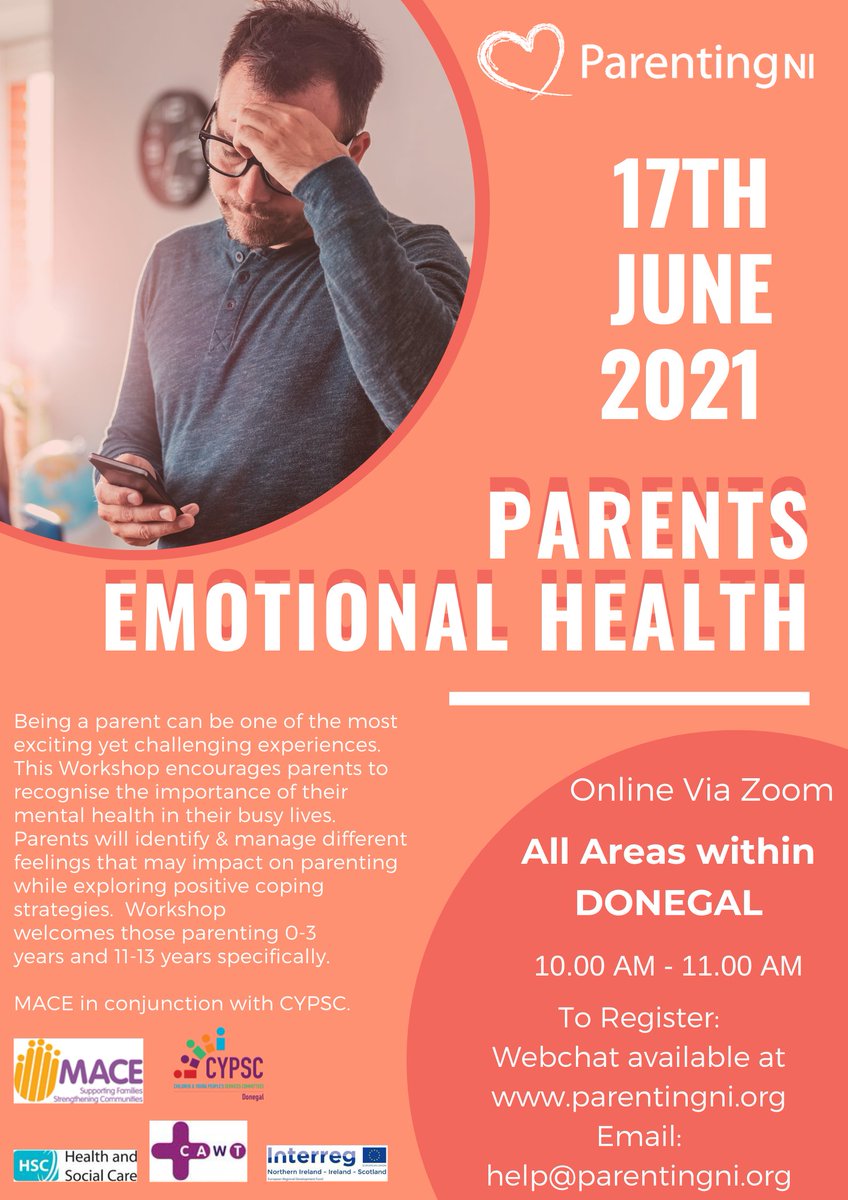 MACE &amp; Donegal CYPSC invite you to a series of 1 hour Parent Support events which will kick off on 17th June with a Parents Emotional Health Workshop. <a href="/CYPSCDL/">CYPSC Donegal</a> <a href="/CypscIrl/">Children & Young People's Services Committees IRL</a> <a href="/DonegalChldCare/">Donegal CC</a> <a href="/DonegalLibrary/">Donegal County Library</a> <a href="/ParentHubDon/">Parent Hub Donegal</a>