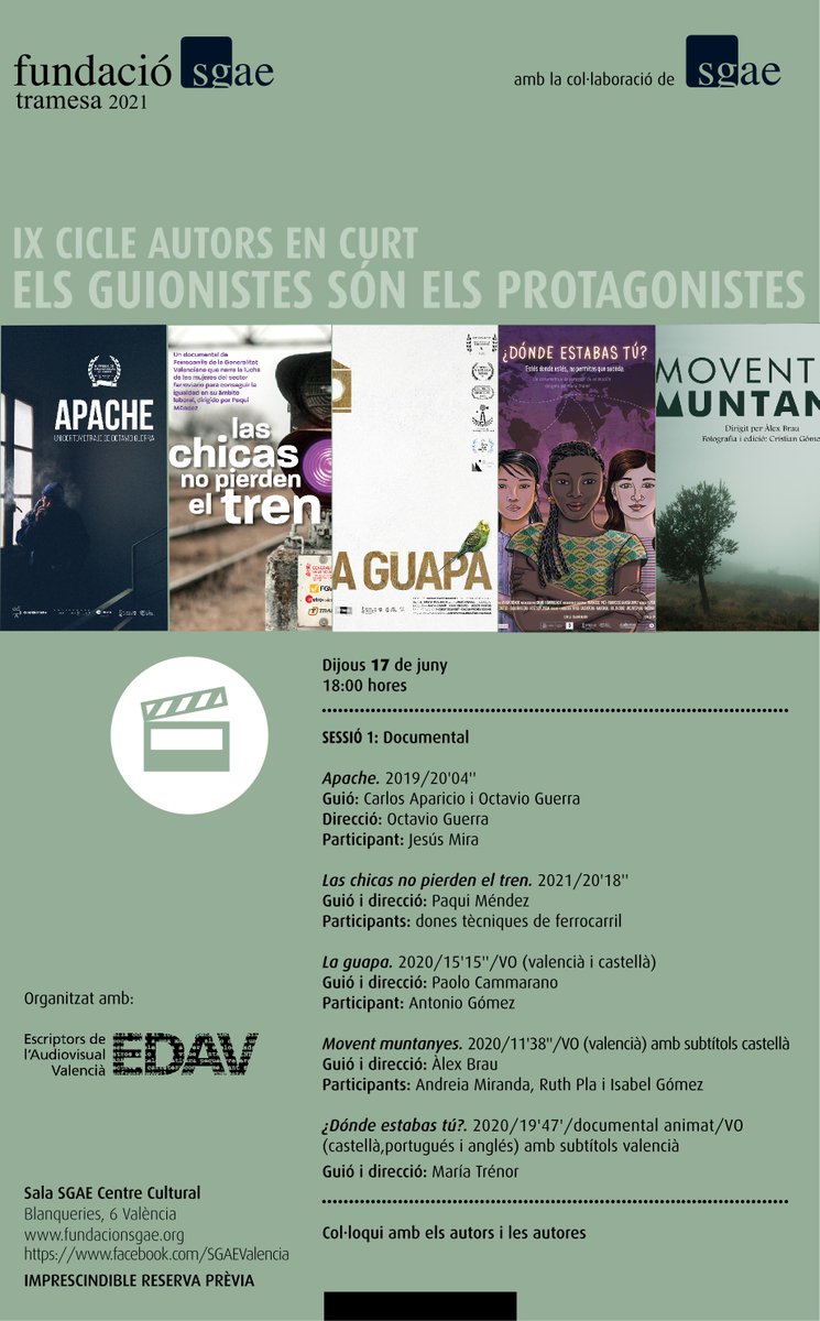 1ª SESSIÓ D´AUTORS EN CURT. JA POTS REGISTRAR-TE
Dedicada als documentals 
Recorda: tots els assistents hauran de registrar-se en el següent enllaç:
forms.gle/uiMYWbYMTmpuLQ… 
#talentedav #talentvalencià
Dijous 17 de juny 18h.Sala SGAE Centre Cultural
Aforament limitat: 50 persones